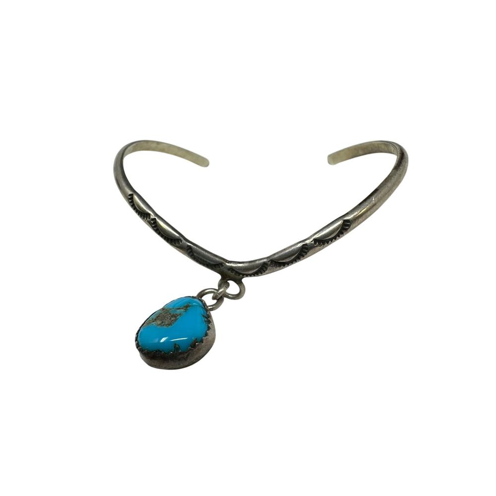 Vintage Native American Sterling Silver + Turquoise Bracelet Cuff Dangle Charm